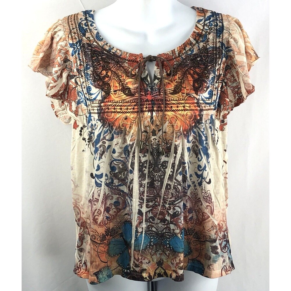 Vintage Top PM Multi Butterfly Flutter Sleeve LaceUp Lace Back Boho Hippie Gypsy
